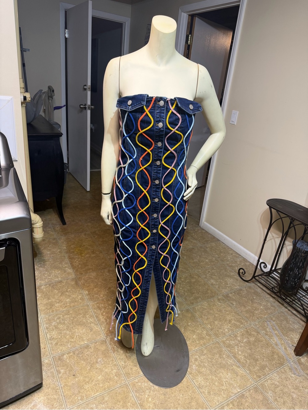 AKIRA Navy Denim Strapless Midi Dress with Multicolor Rope Accents